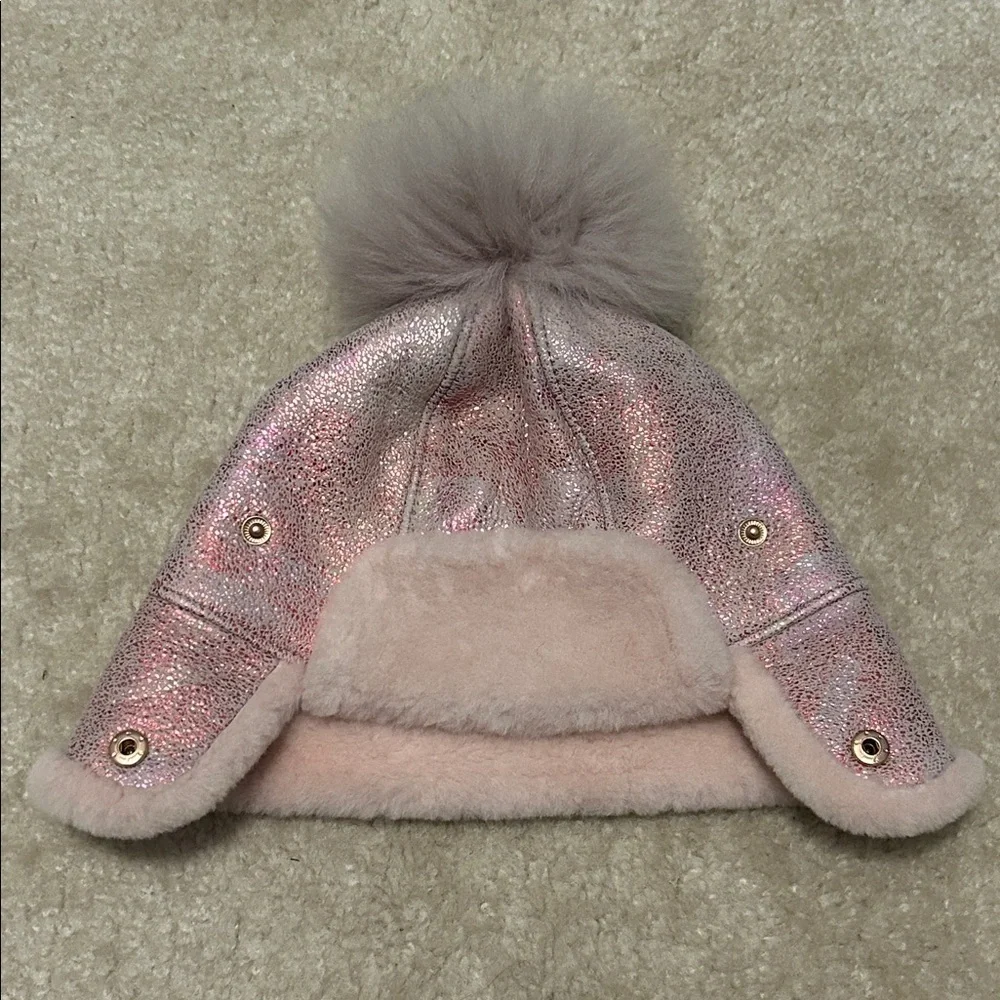 UGG® Girls Heritage Flap Shearling Pom Pom Hat Pink Metallic Size 2-4 Years